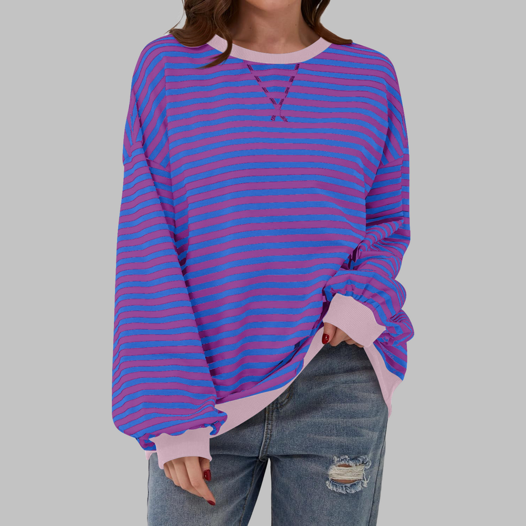 Sable oversized striped sweatshirt in black and white with blue trim, front view