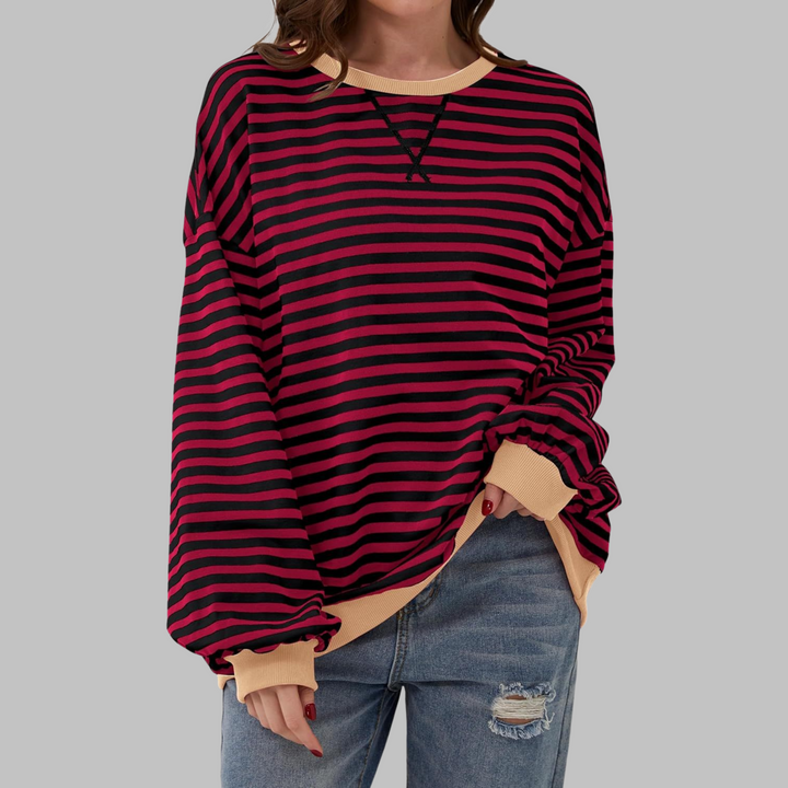 Sable oversized striped sweatshirt in black and white with blue trim, front view