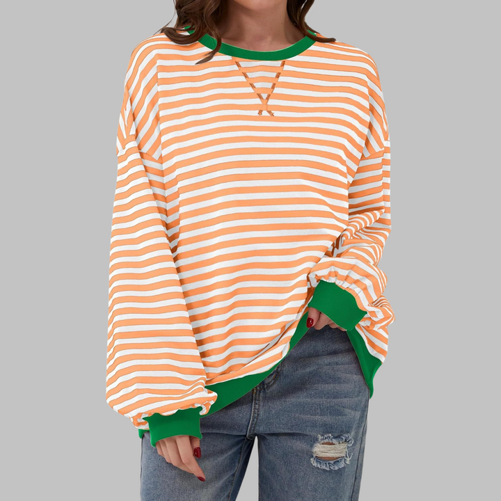 Sable oversized striped sweatshirt in black and white with blue trim, front view