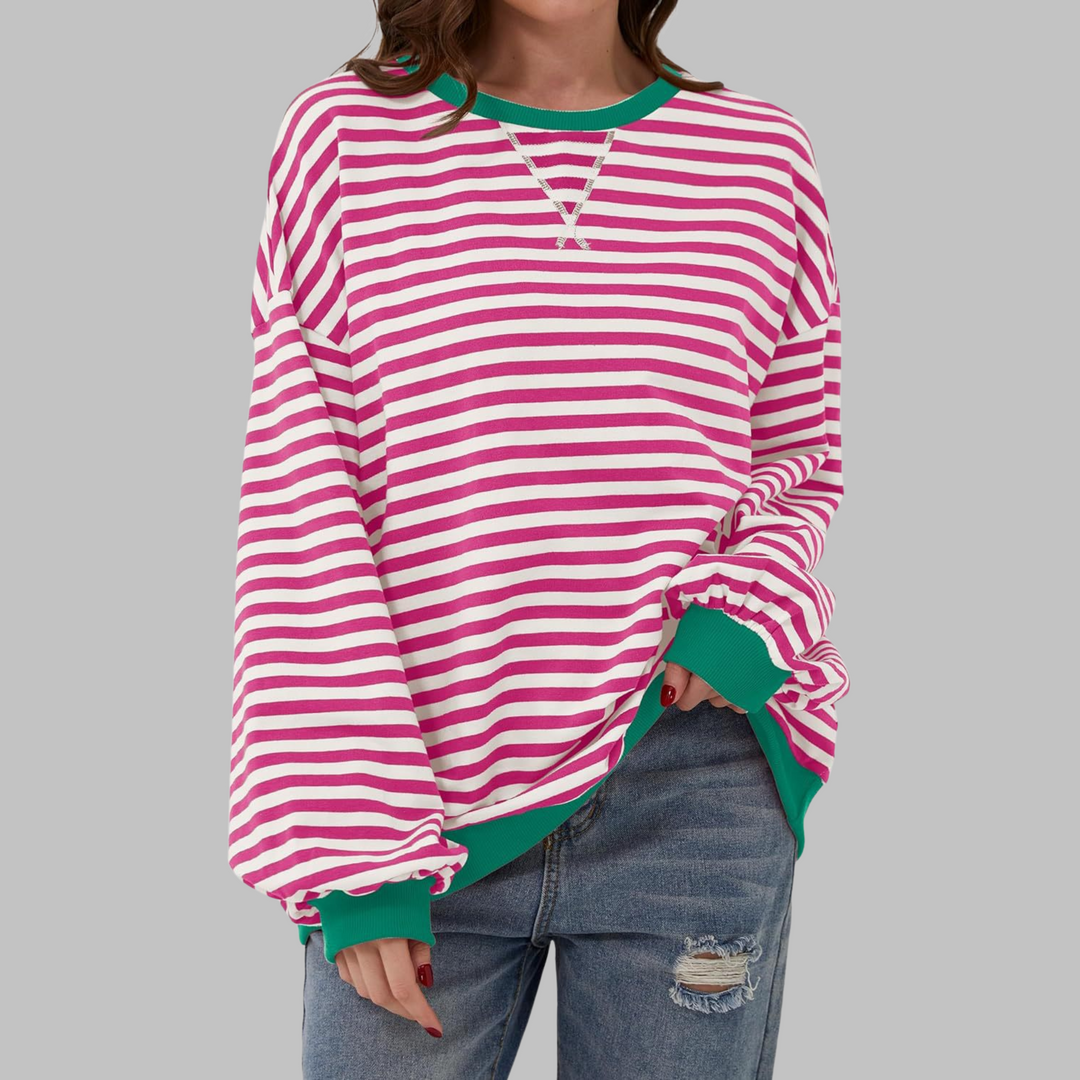 Sable oversized striped sweatshirt in pink and white with green trim, front view