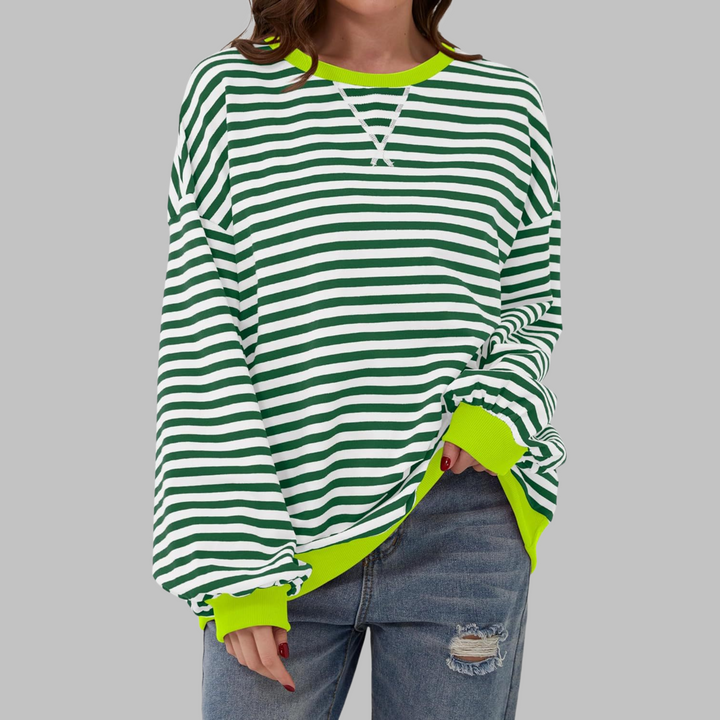 Sable oversized striped sweatshirt in green and white with neon trim, front view