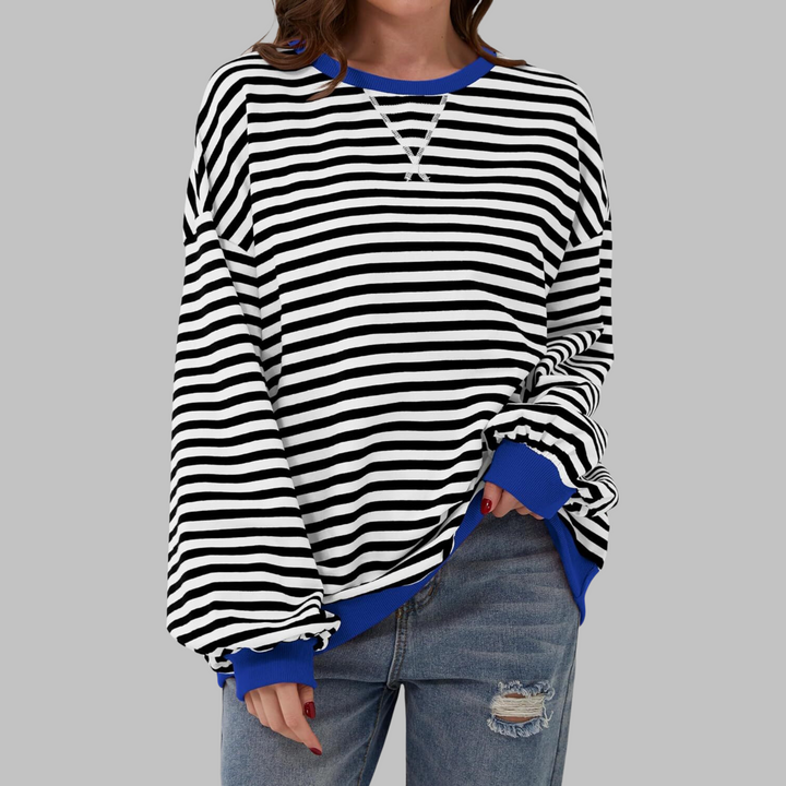 Sable oversized striped sweatshirt in black and white with blue trim, front view
