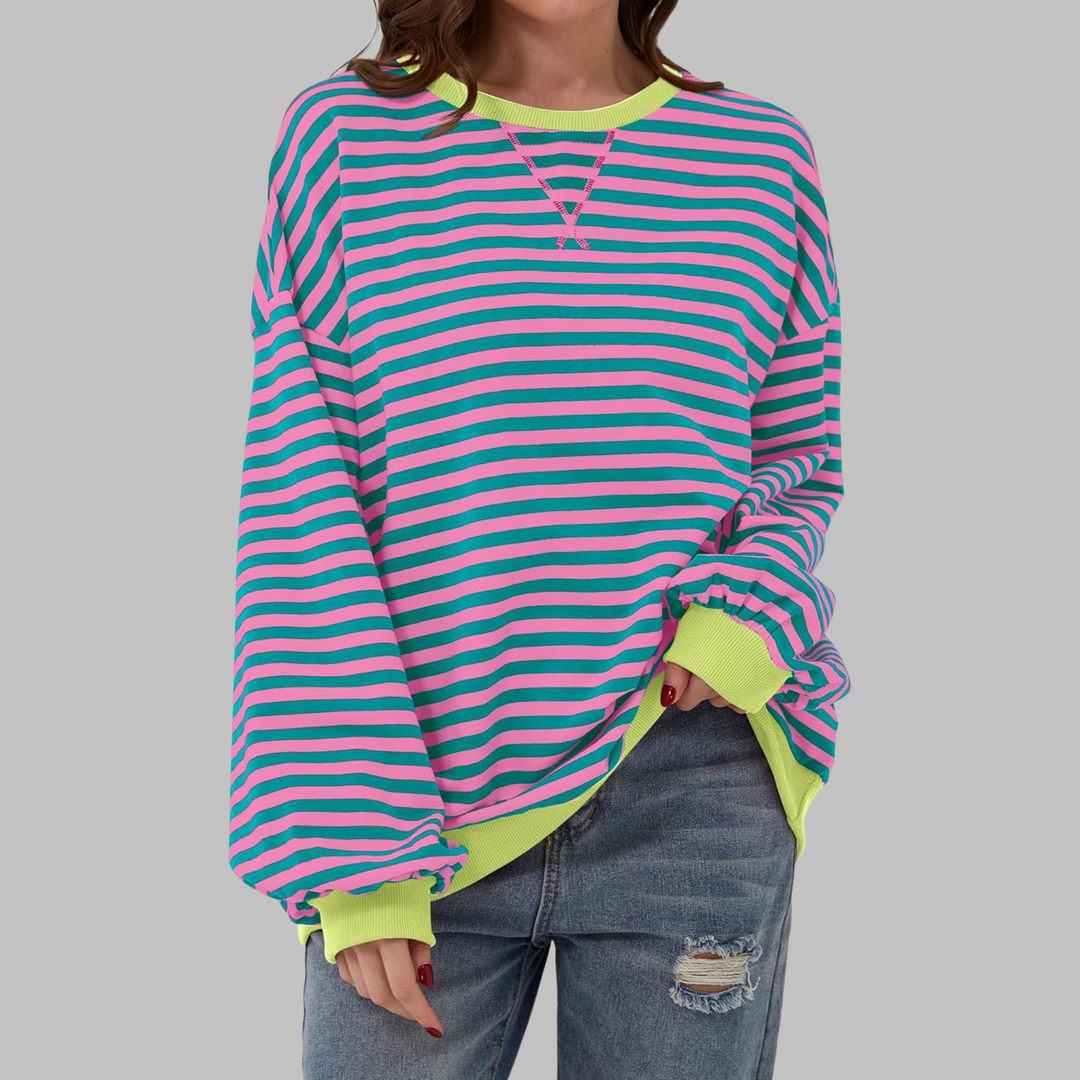 Sable oversized striped sweatshirt in black and white with blue trim, front view