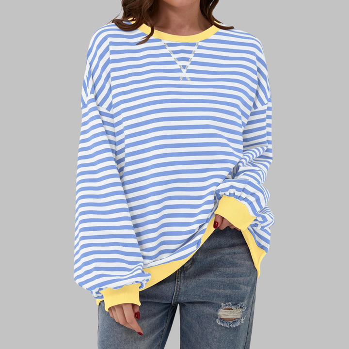 Sable oversized striped sweatshirt in black and white with blue trim, front view