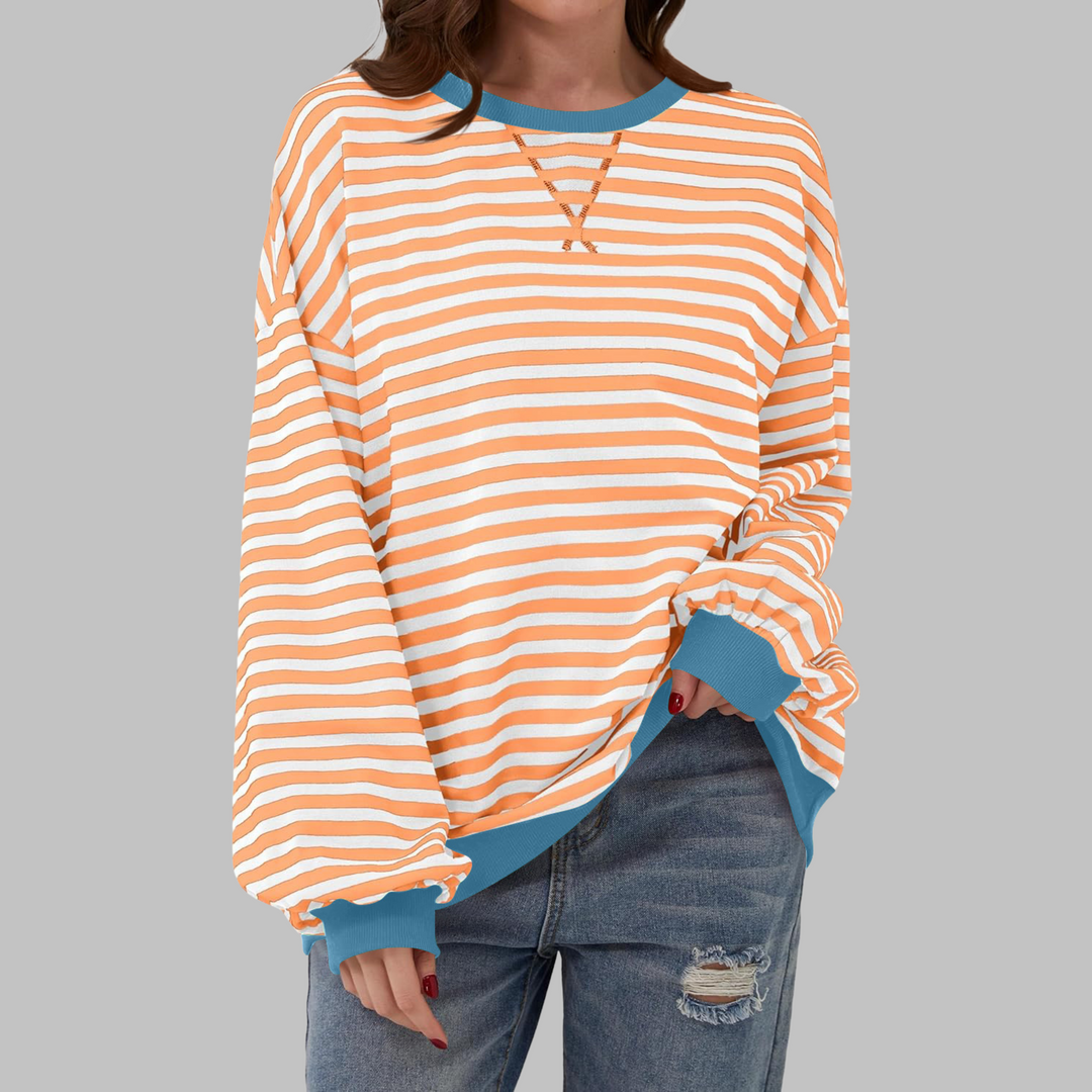 Sable oversized striped sweatshirt in black and white with blue trim, front view