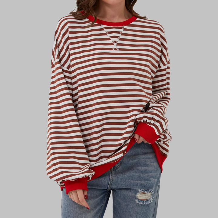 Sable oversized striped sweatshirt in black and white with blue trim, front view