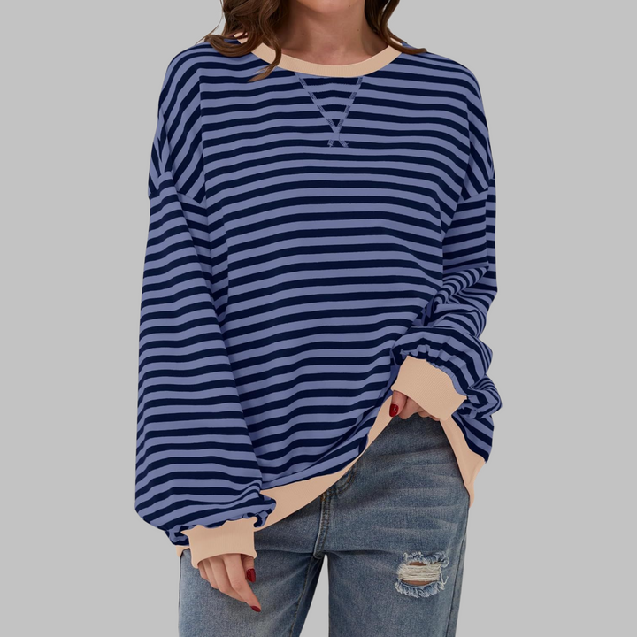 Sable oversized striped sweatshirt in black and white with blue trim, front view