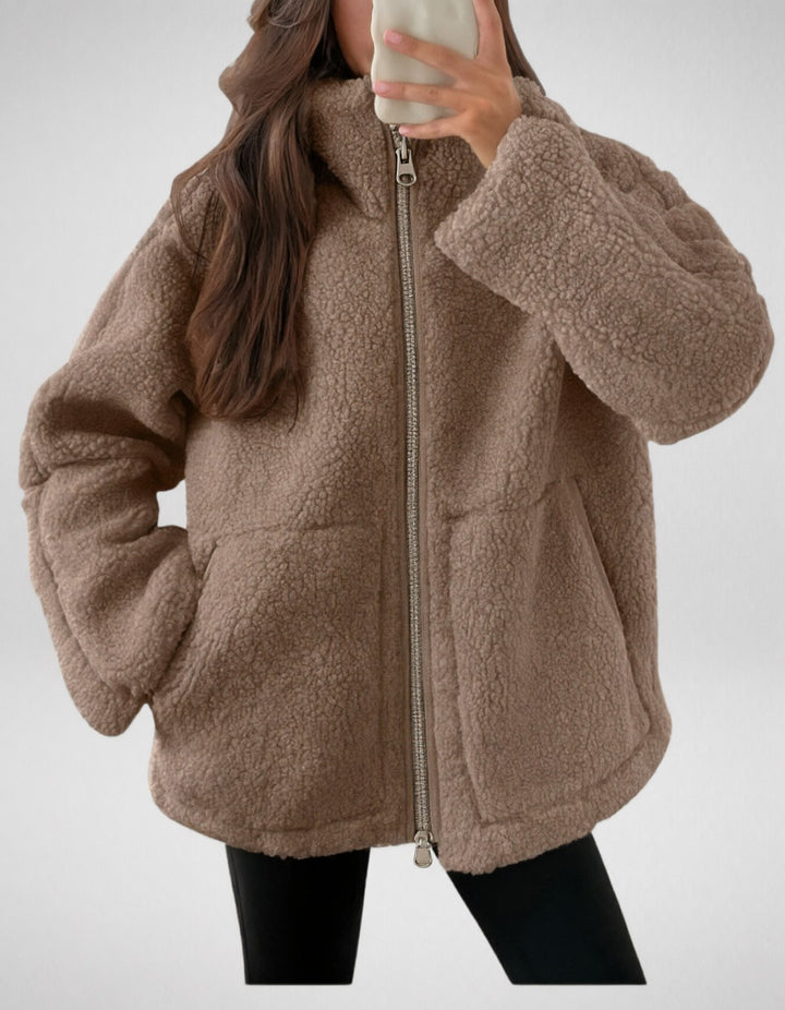 Veronique oversized teddy jacket in brown, front view with zip closure