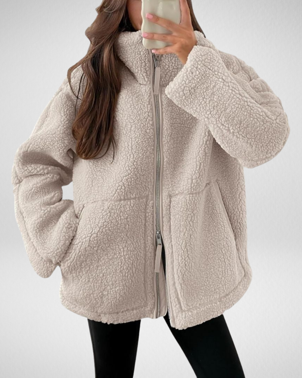 Veronique oversized teddy jacket in cream, front view with stand collar