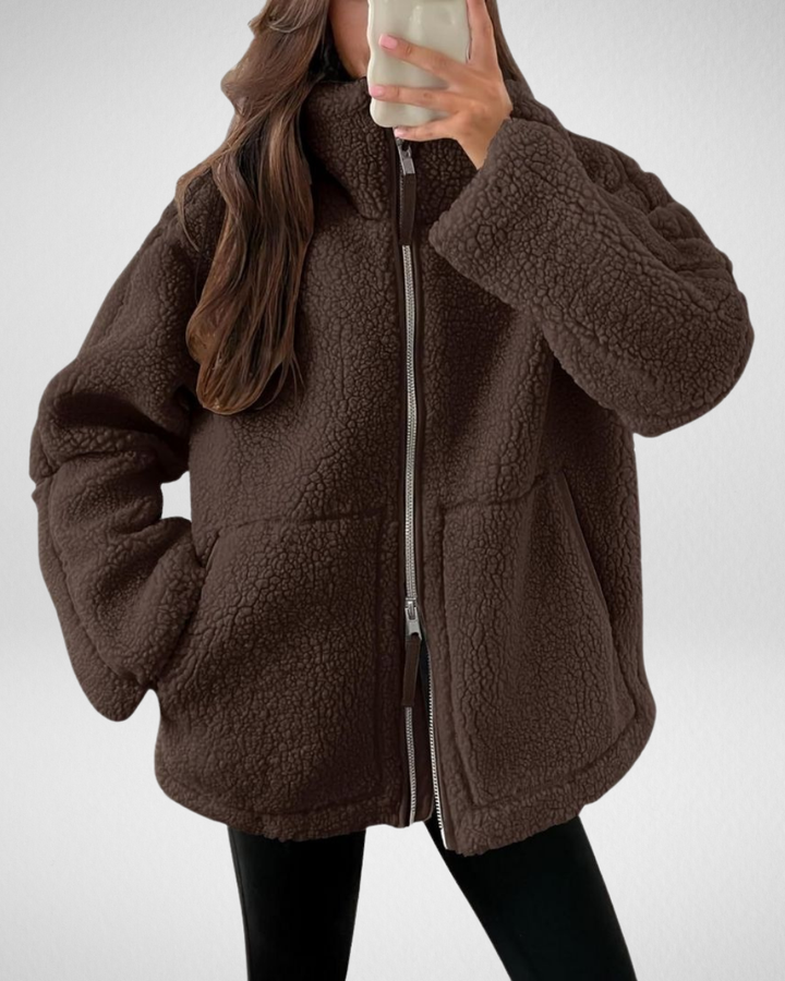 Veronique oversized teddy jacket in dark brown, front view with zipper detail