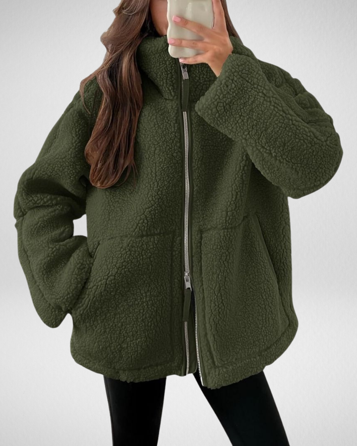 Veronique oversized teddy jacket in dark brown, front view with zipper detail