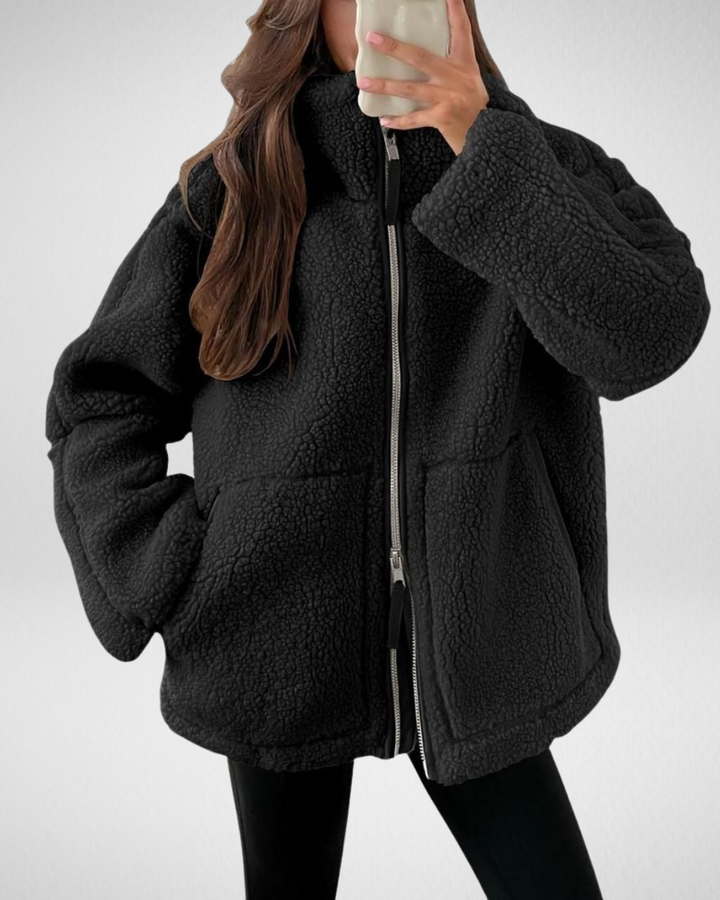 Veronique oversized teddy jacket in dark brown, front view with zipper detail