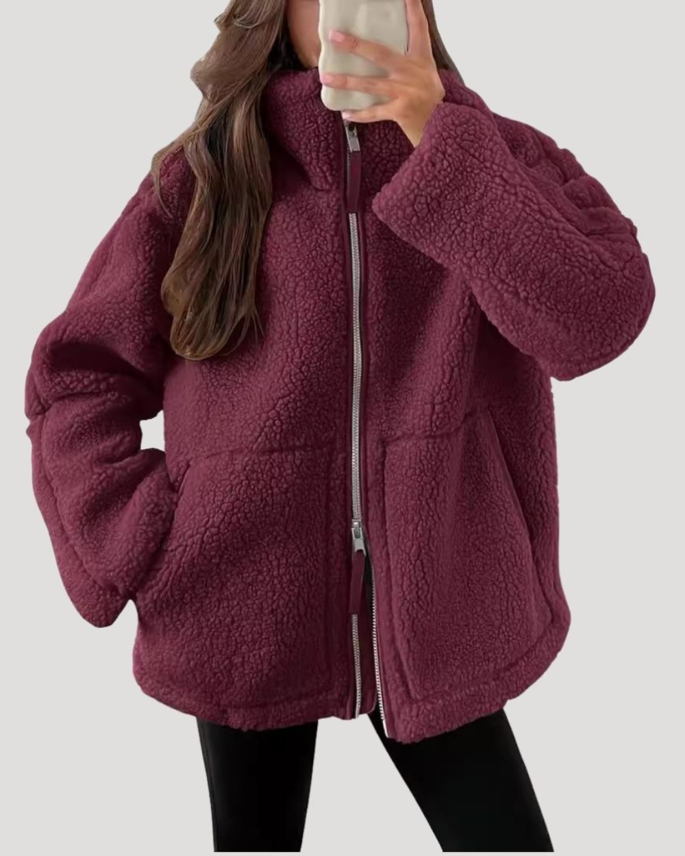 Veronique oversized teddy jacket in dark brown, front view with zipper detail