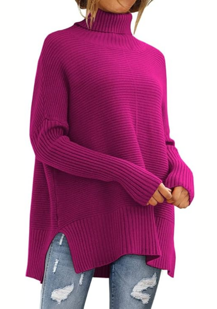 Rosamund oversized turtleneck sweater in magenta, front view
