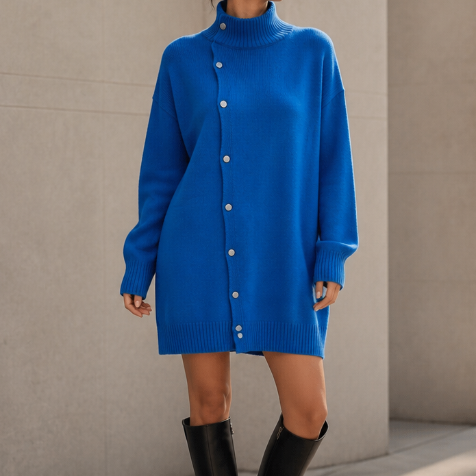 Guinevere oversized turtleneck sweater dress styled with ankle boots, seated side view