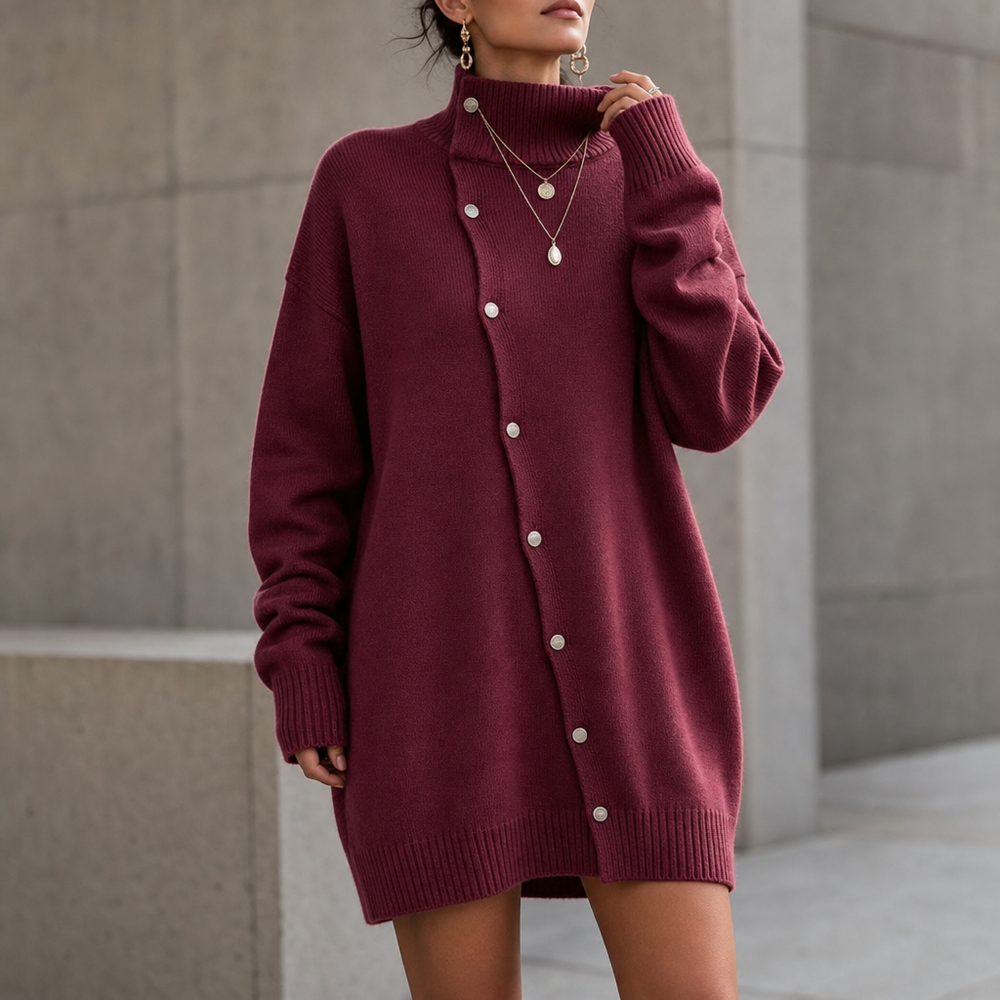 Guinevere oversized turtleneck sweater dress with layered necklace, front detail view