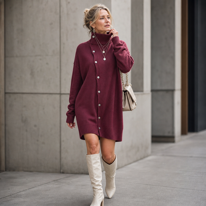 Guinevere oversized sweater dress styled with knee-high boots, full-length front view