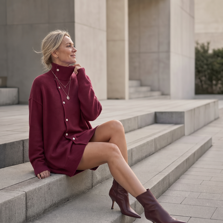 Guinevere oversized turtleneck sweater dress styled with ankle boots, seated side view
