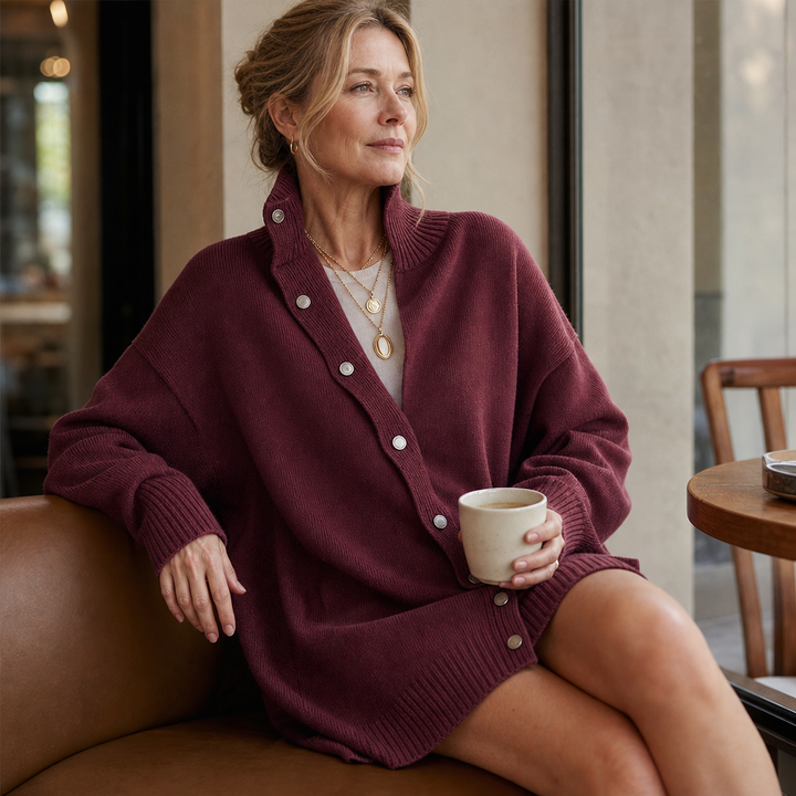 Guinevere oversized turtleneck sweater dress styled with ankle boots, seated side view
