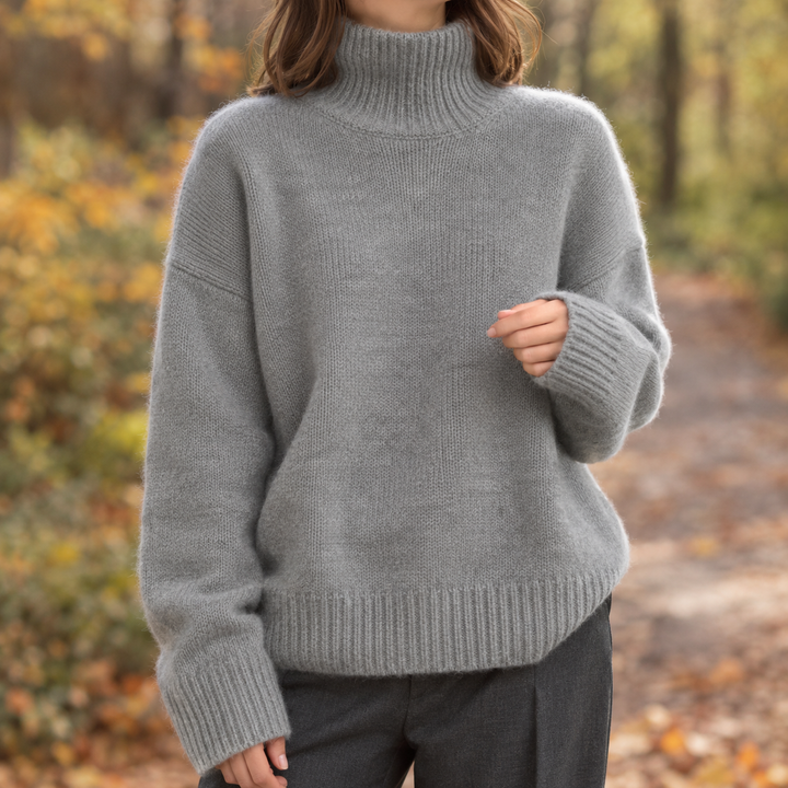 Rosalie gray oversized turtleneck sweater, front view