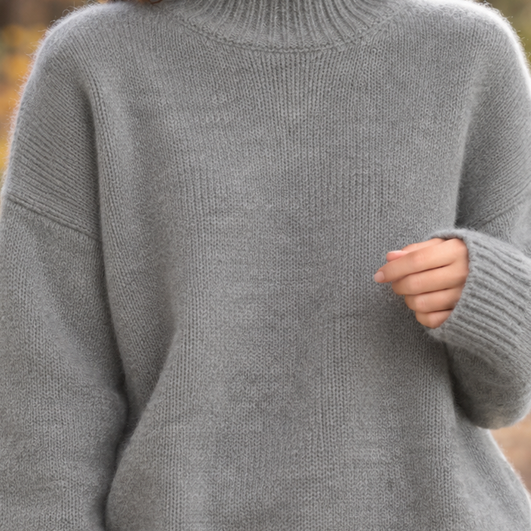Rosalie gray turtleneck sweater, close-up of ribbed neck and cuff