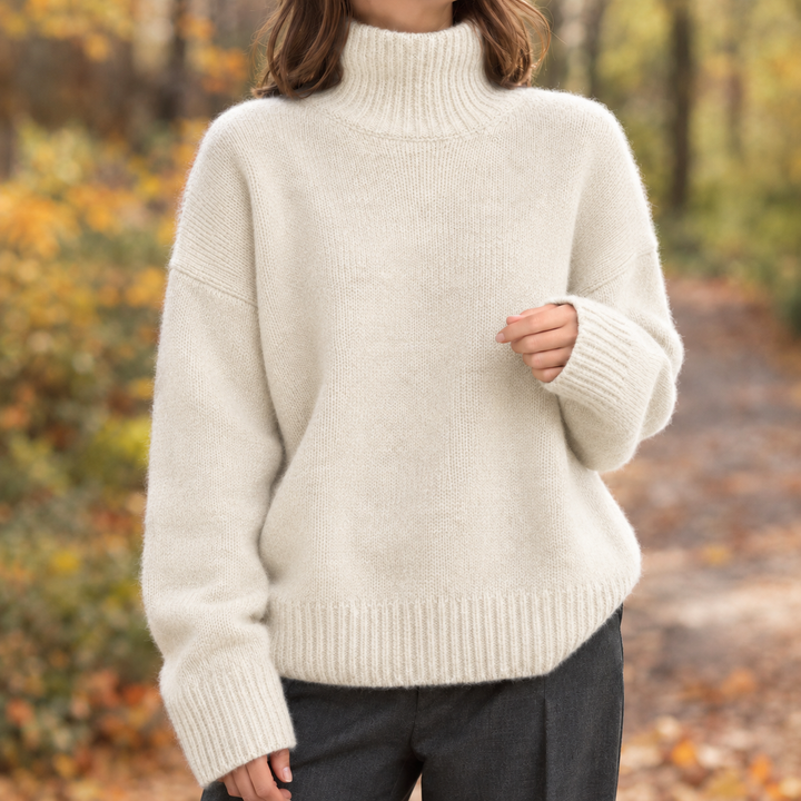 Rosalie off white oversized turtleneck sweater, front view