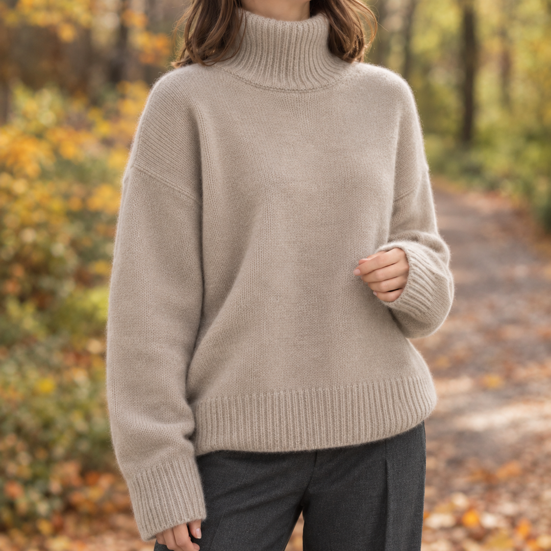 Rosalie beige oversized turtleneck sweater, front view