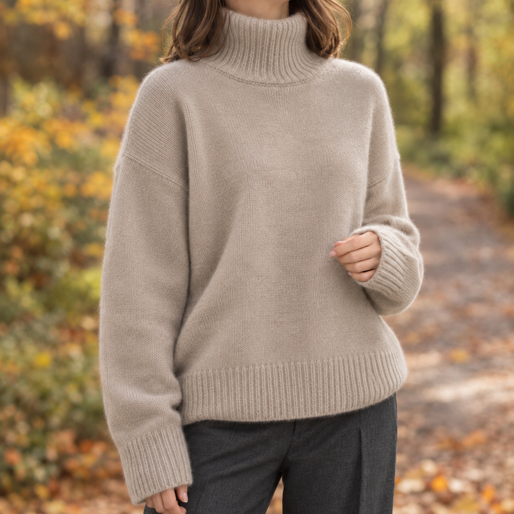 Rosalie beige oversized turtleneck sweater, front view