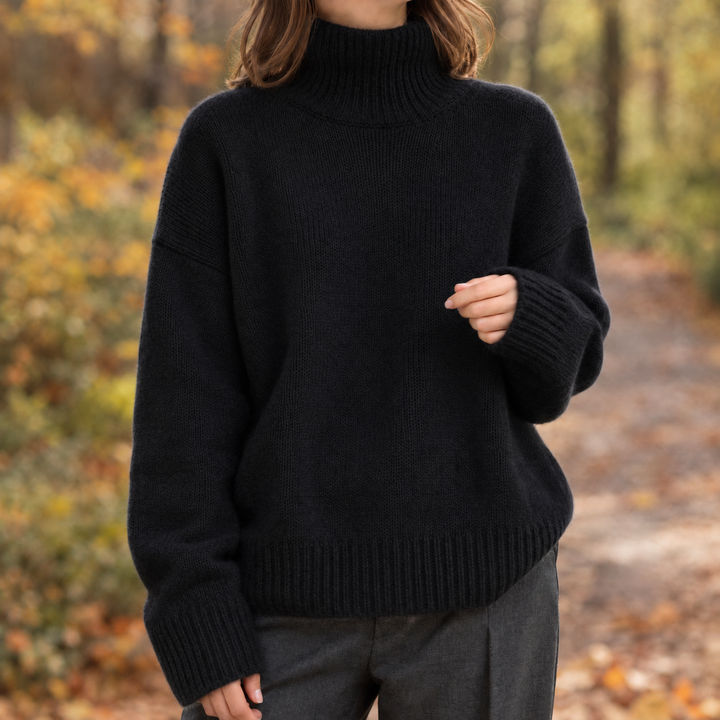 Rosalie beige oversized turtleneck sweater, front view