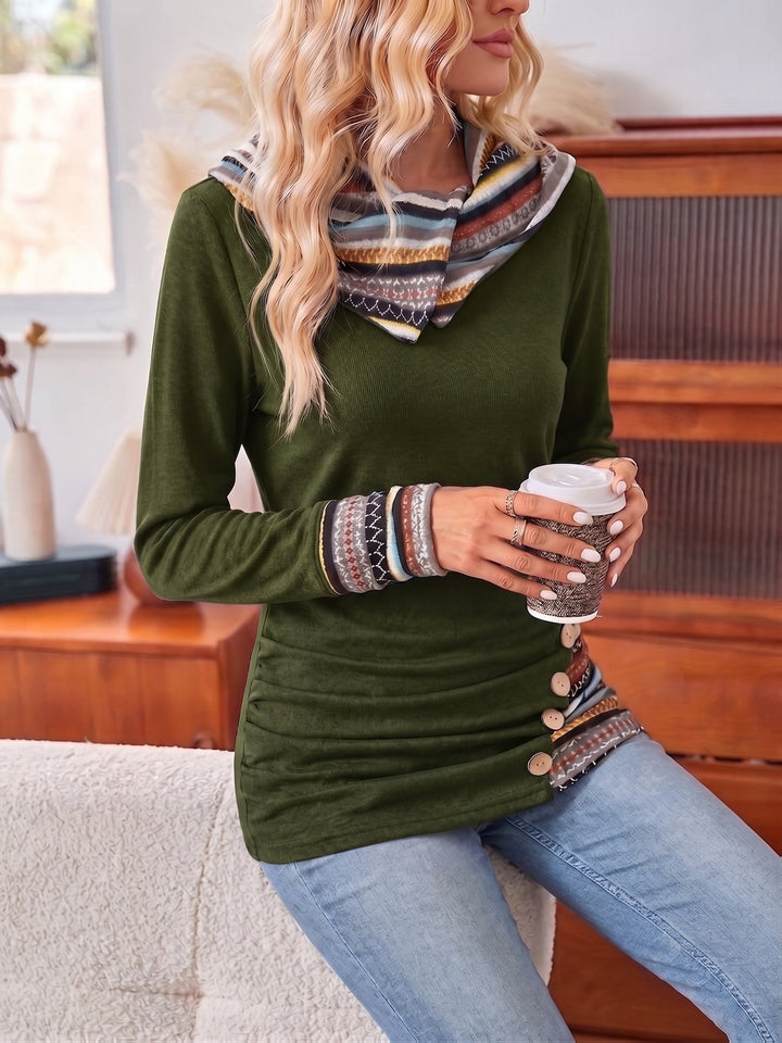 Fenwick patchwork cowl neck hoodie, side view with coffee cup