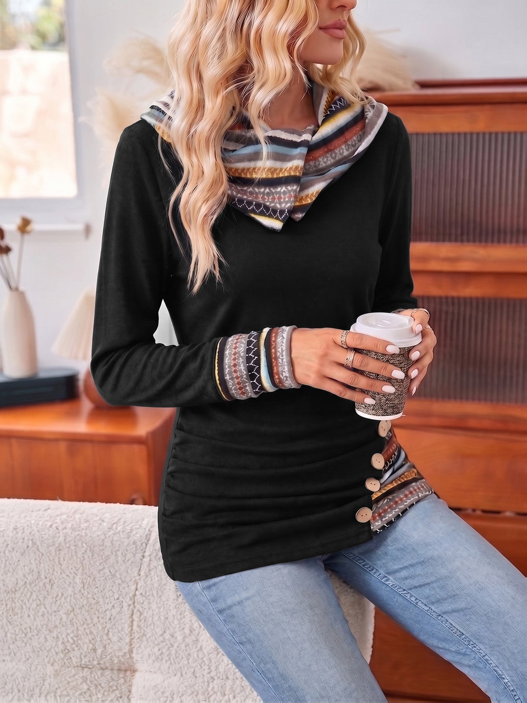 Fenwick patchwork cowl neck hoodie, side view with coffee cup