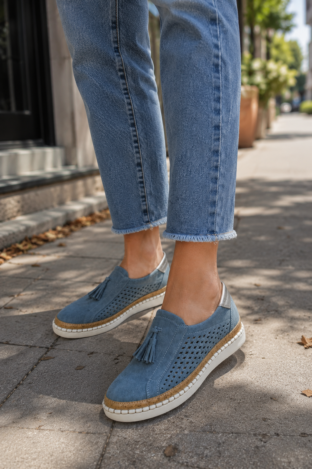 Marisette perforated slip-on loafers in blue with tassel detail, side view on model