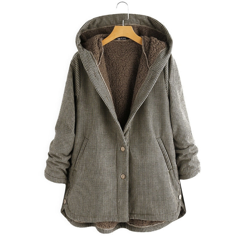 Tessaline plaid hooded jacket in brown, front view on hanger