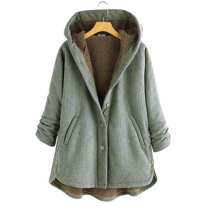 Tessaline plaid hooded jacket in green, front view on hanger