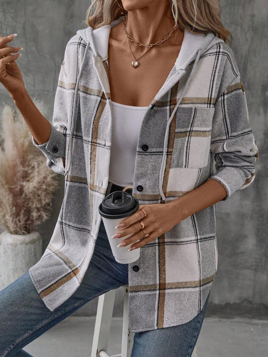 Teodora grey plaid hooded shacket with contrast hood, front view