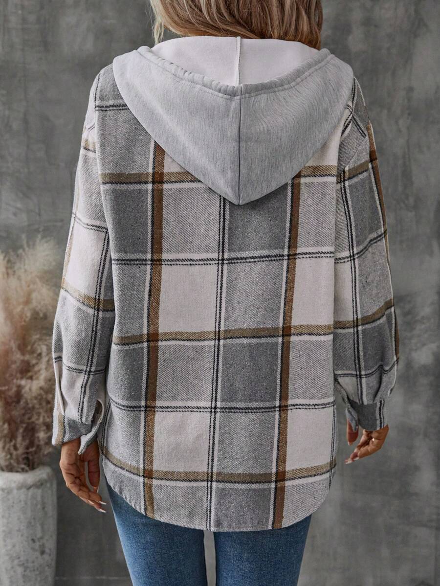 Teodora grey plaid hooded shacket, back view showing hood detail