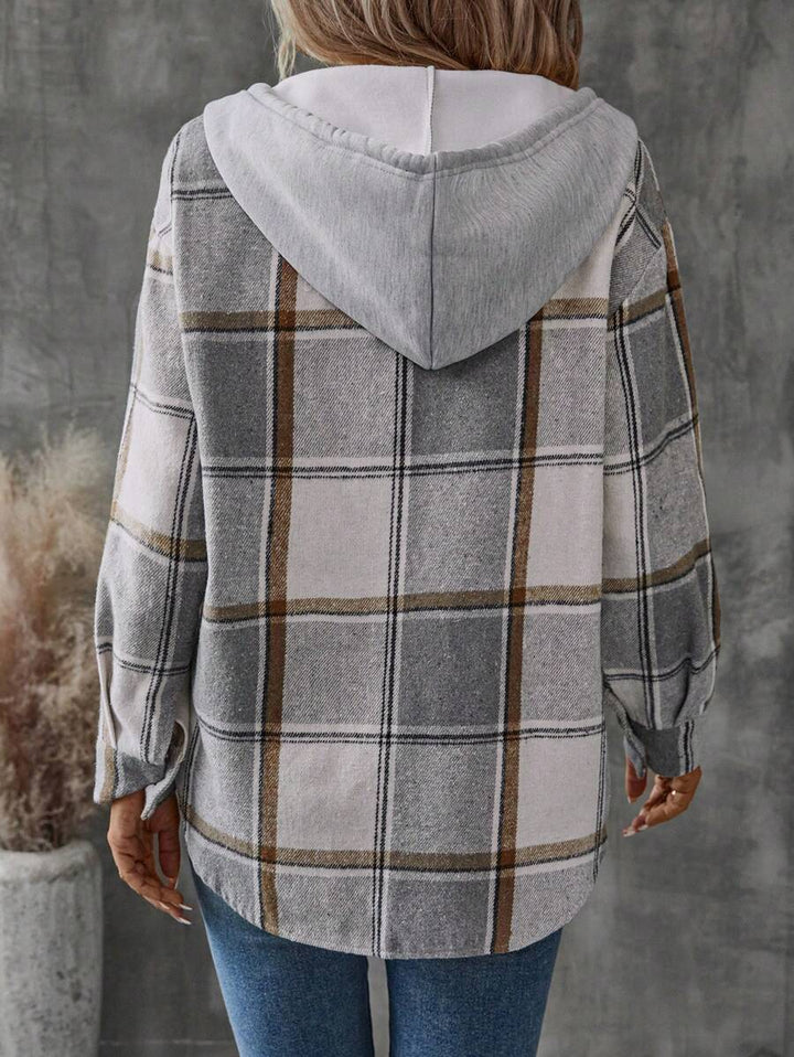Teodora grey plaid hooded shacket, back view showing hood detail