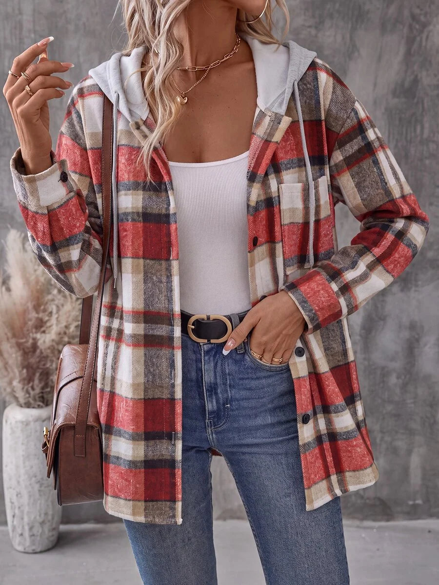 Teodora red plaid hooded shacket with chest pocket, front view