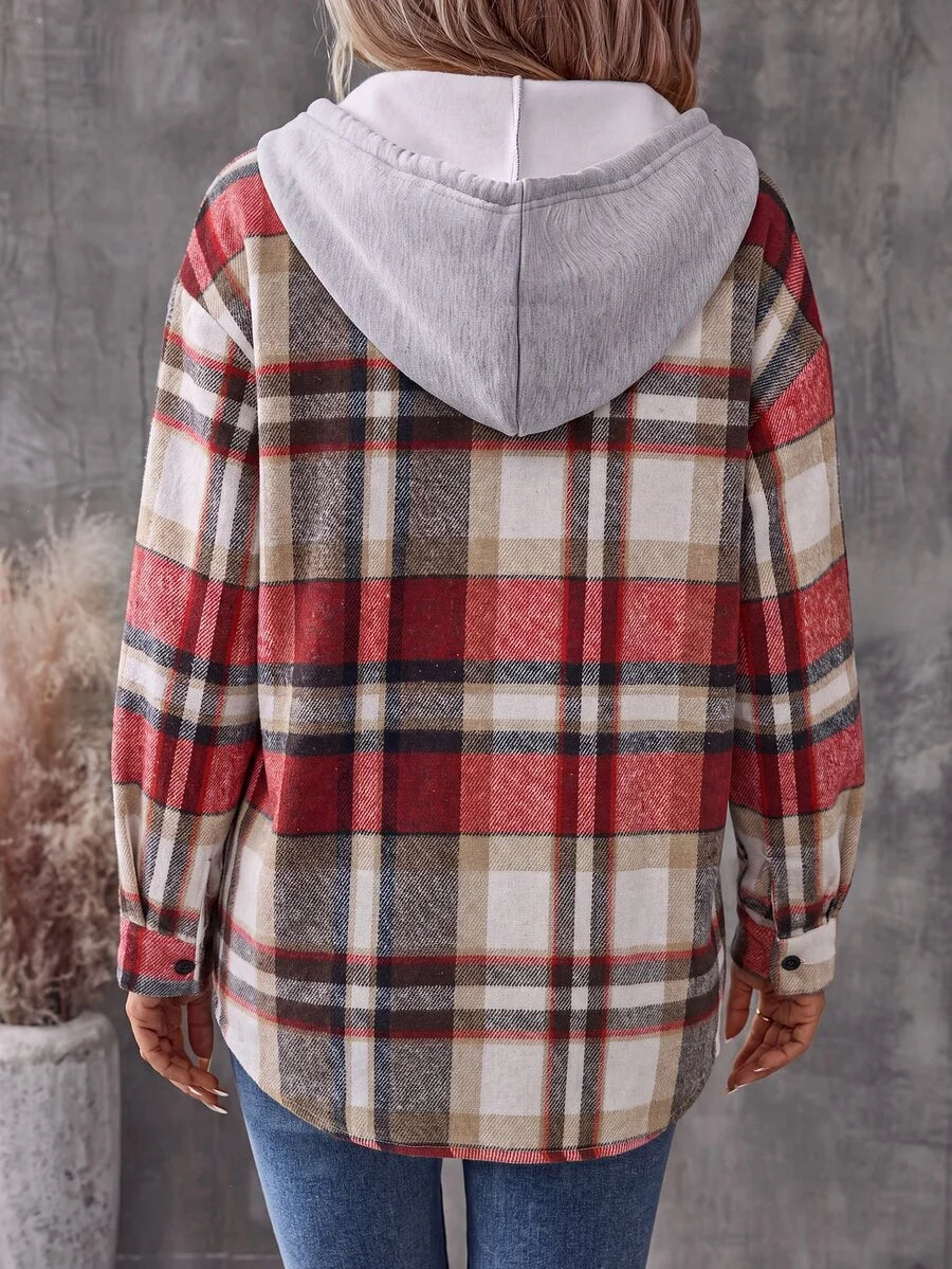 Teodora red plaid hooded shacket, back view showing hood detail