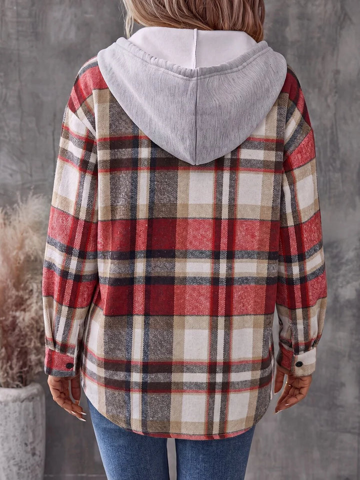 Teodora red plaid hooded shacket, back view showing hood detail