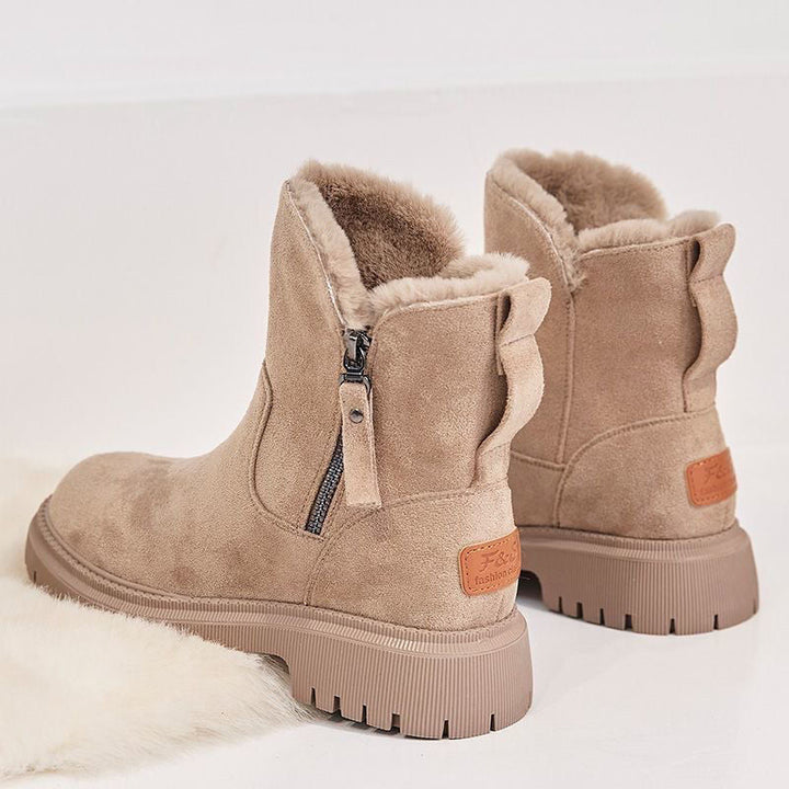 Wynne apricot winter boots, back view showing fur trim