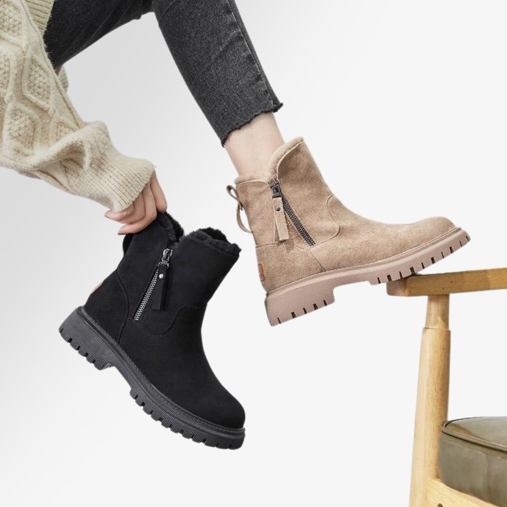 Wynne apricot winter boots, side profile held by hand