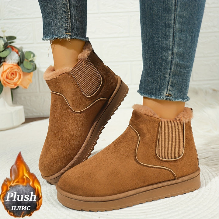Rosemary light brown platform ankle boots on model, front view