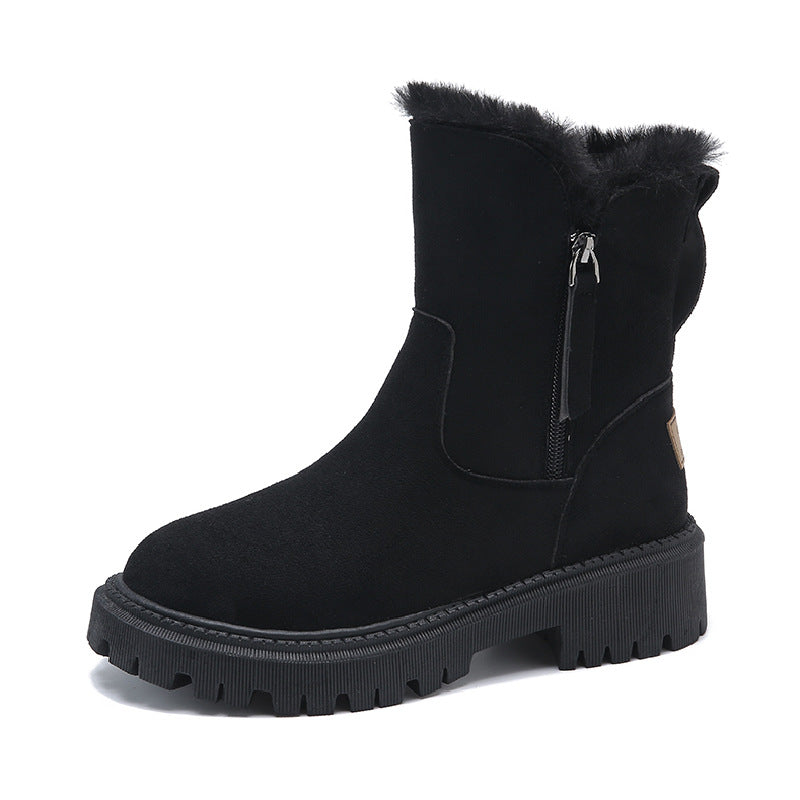 Marigold fur-lined platform ankle boots in black, side angle view