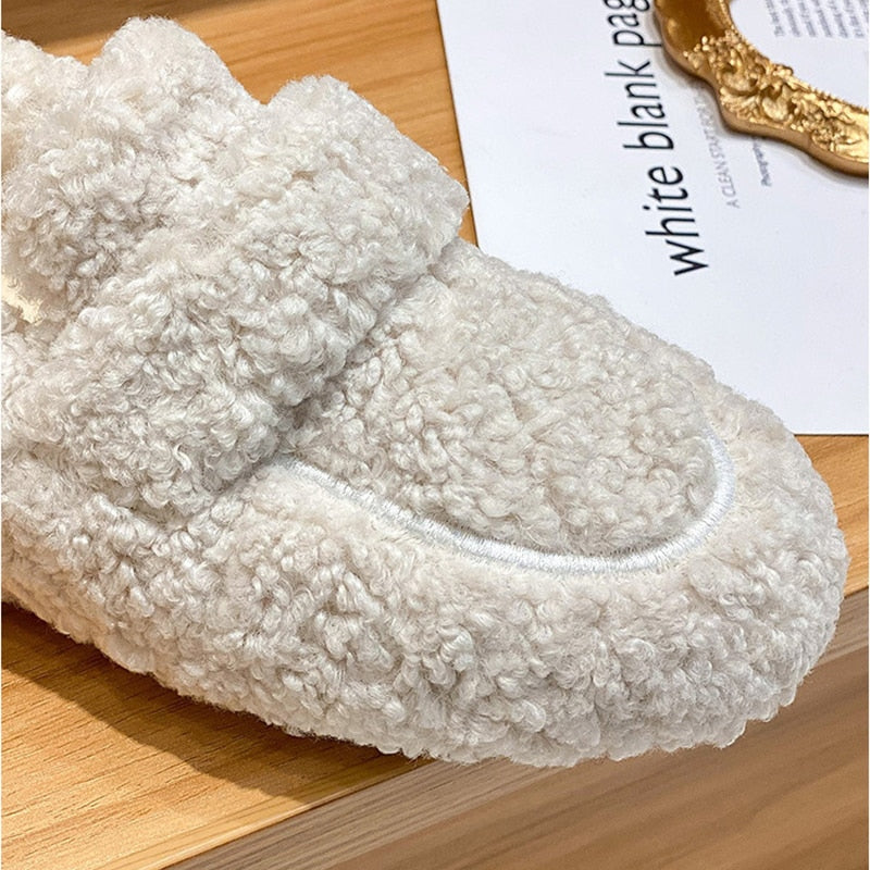 Close-up of Wren plush slipper texture and round toe stitching