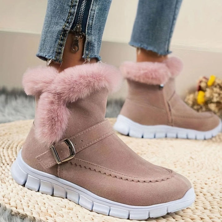 Faustine plush trim ankle snow boots in pink, close-up side profile with zipper