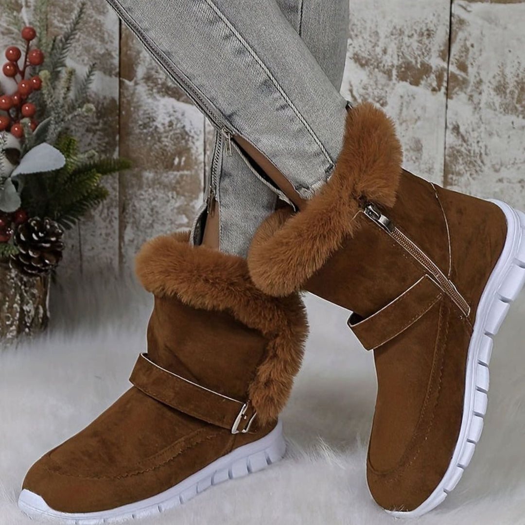 Faustine plush trim ankle snow boots in pink, close-up side profile with zipper