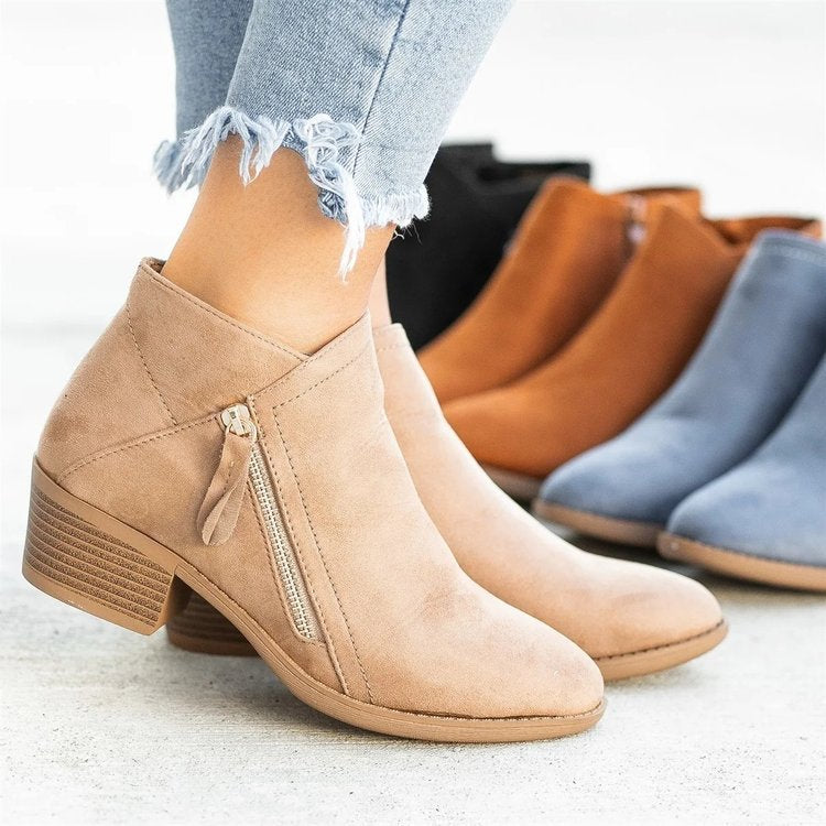 Brynlee pointed toe ankle boots in beige, side view with zipper detail