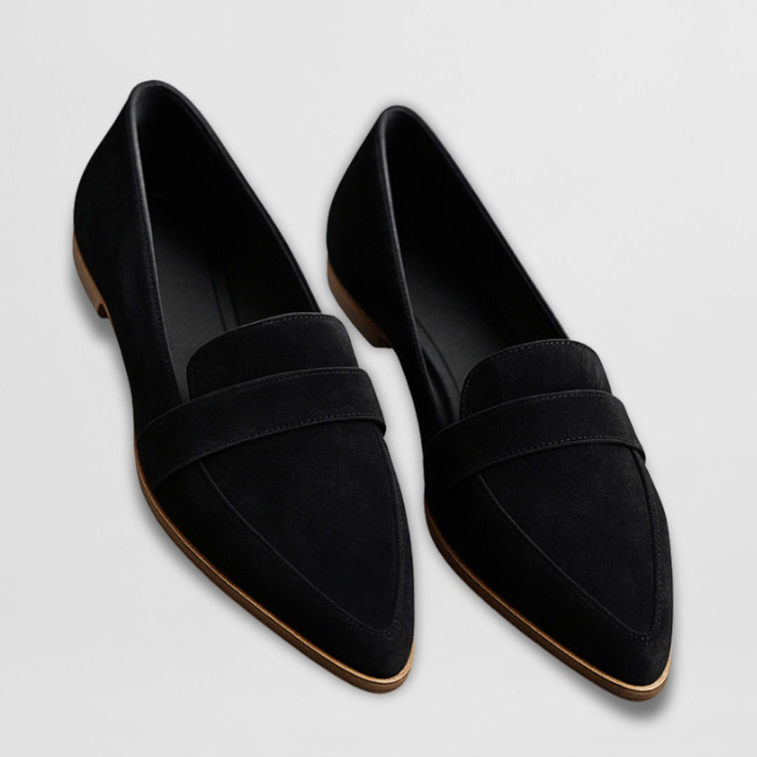 Marcella suede loafers in black, angled pair view