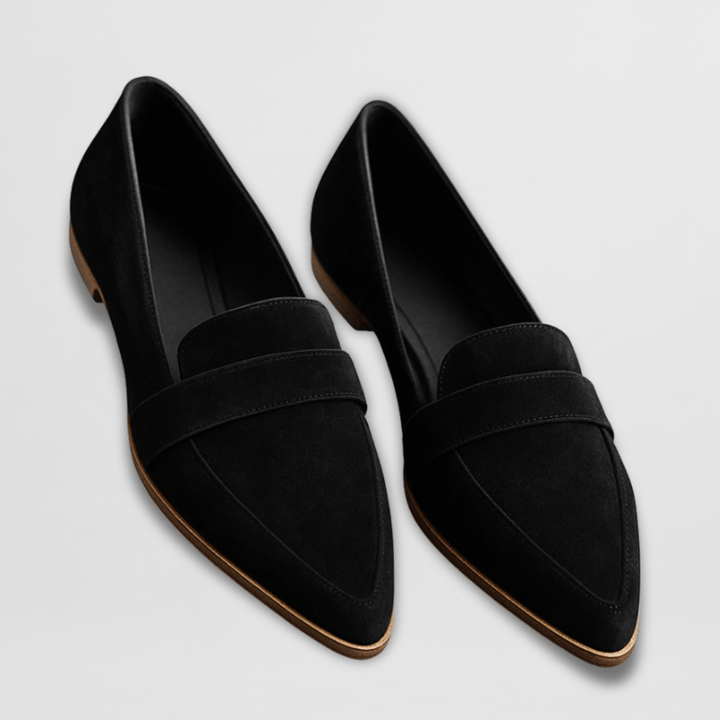 Marcella suede loafers in black, angled pair view